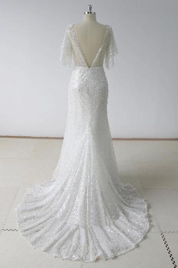 Bradyonlinewholesale Elegant Stunning Sequins White Tulle Wedding Dress Sweep Train Mermaid Short Sleeve Bridal Gowns On Sale_2