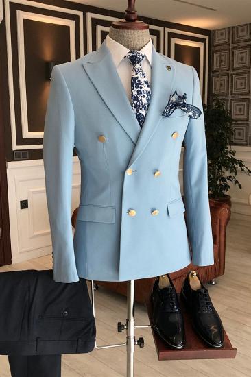 Leo Fashion Sky Blue Double Breasted Mens Formal Business Tailored Suit_1