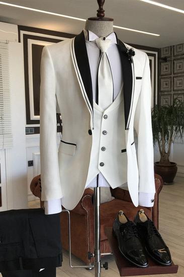 London White Slim Fit Bespoke Wedding Mens Suits with Black Shawl Lapel_1