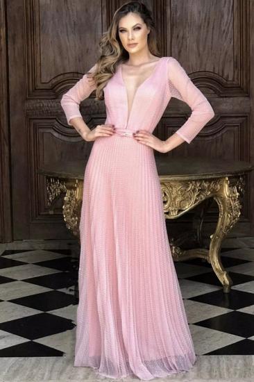 Simple Pink long sleeves vneck column Prom dress_1