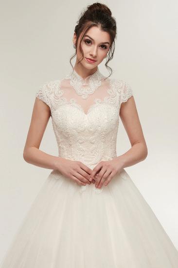 A-line High Neck Short Sleeves Long Lace Appliques Wedding Dresses with Lace-up_7