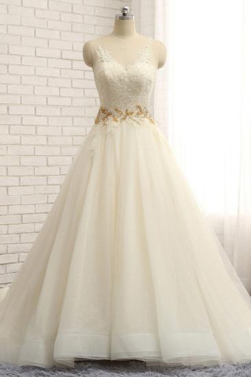 Bradyonlinewholesale Gorgeous Jewel Sleeveless A-Line Tulle Wedding Dress Lace Appliques Bridal Gowns with Beadings