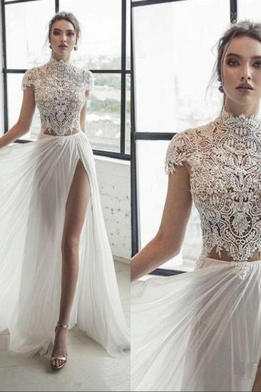 High neck Cap sleeves Ivory Chiffon Split Wedding Dress | Elegant Long Bridal Gown_2