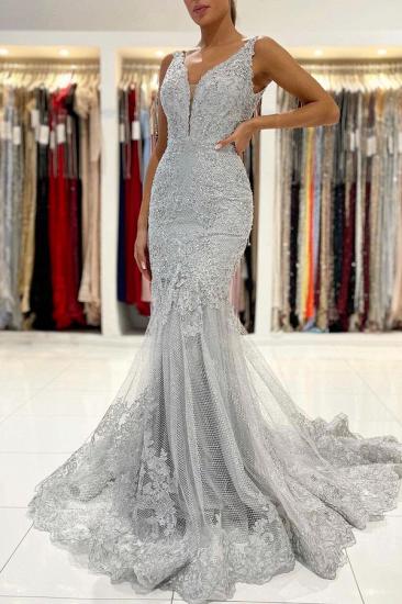 Glamorous Grey Sleeveless Mermaid Ball Gown V Neck Tulle Lace Evening Dress_3