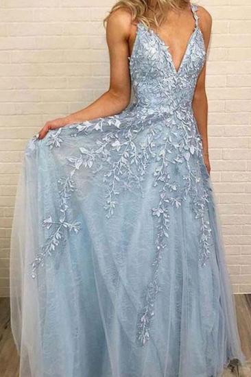 Sky Blue Lace Prom Dresses Deep V Neck A Line Long Party Elegant Floor Length Women Evening Gowns_3