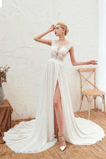 Sexy White High split Cap Sleeve Wedding Dress with see-through Back | Ivory Lace Bridal Gowns for Sale_5