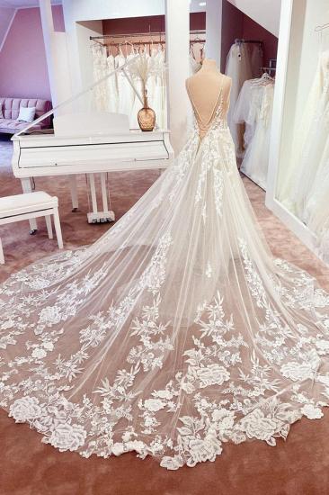 Double V Neck Tulle Wedding Dress Aline Sleeveless Floor Length Bridal Dress with Spaghetti Straps_2