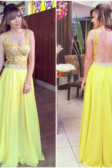 Chiffon Lace Straps Evening Dress Floor length Yellow Cheap Long Prom Dress_2