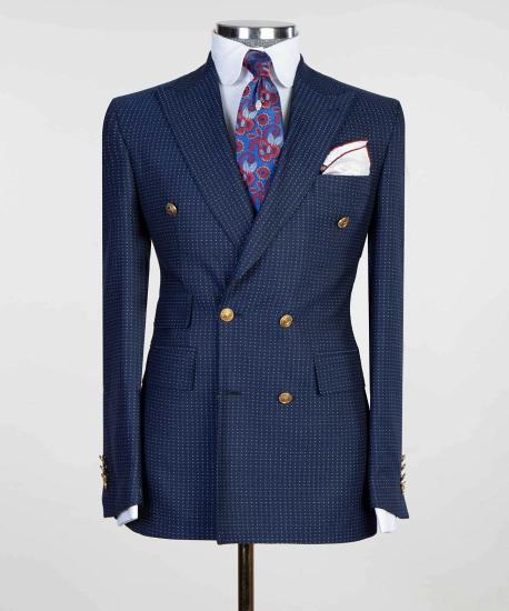 New Navy Blue Two-Piece Double Breasted Point Collar Men's Suit_4