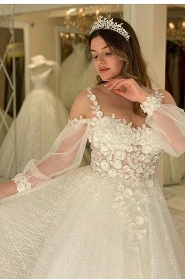 Spaghetti Straps Floral Appliques A-line Wedding Dresses | Tulle Long Sleeve Pleated Bridal Gowns_4