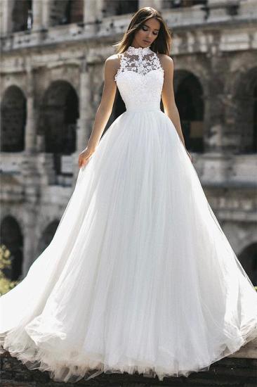 Elegant High Neck Sleeveless Appliques A-Line Floor-Length Wedding Dresses_1
