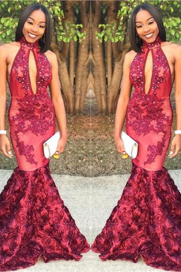 New Arrival Mermaid High Neck Prom Dresses Appliques Evening Gowns with Beadings_2