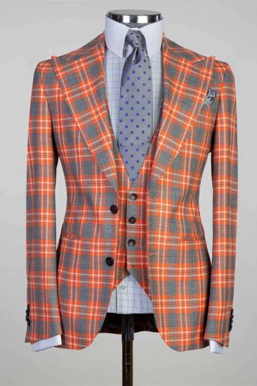 Grant Orange Plaid Three Pieces Peaked Lapel Men Suits_1