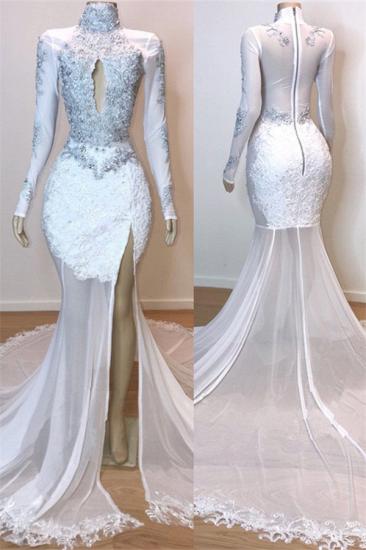 Sexy Side Slit Sheer Tulle Cheap Prom Dress On Mannequins | Long Sleeve Beads Appliques Evening Gowns