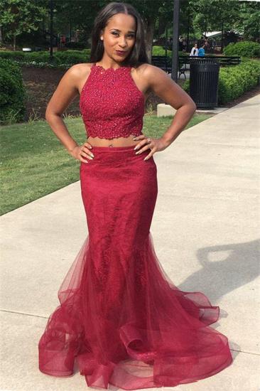 Two Piece Burgundy Lace Prom Dresses Sexy | Sleeveless Puffy Tulle Evening Gown