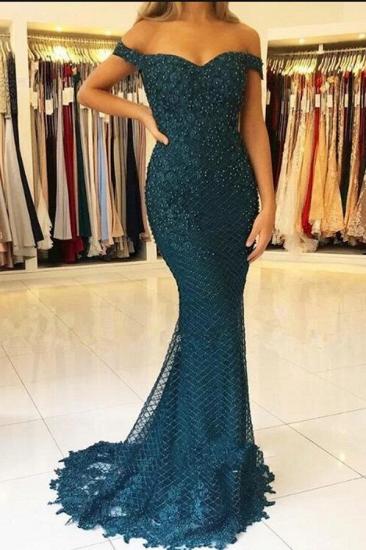 Charming Off Shoulder Mermaid Evening  Gown with Floral Lace Appliques_1