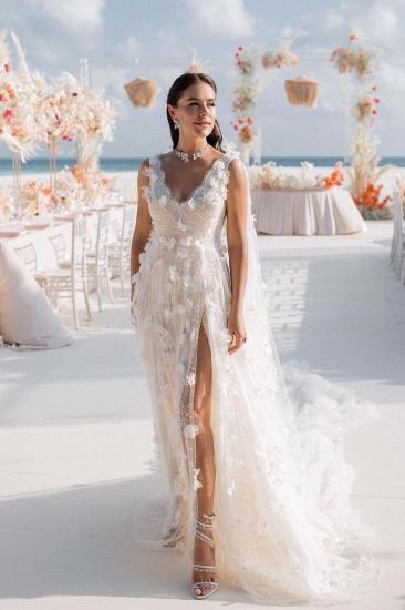 V-neck Appliques Lace A-Line Wedding Dresses with Split_1