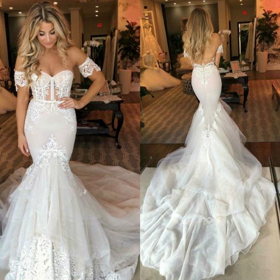 Off-the-Shoulder Puffy Tulle Wedding Dress| Mermaid Appliques Sweep Train Bridal Gowns_3