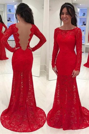 Elegant Red Mermaid Lace Prom Dresses Long Sleeves Scoop Evening Gowns