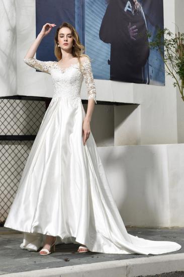 Modern Illusion neck A-Line Satin Lace Fall Long Wedding Dress with 3/4 Sleeves_4