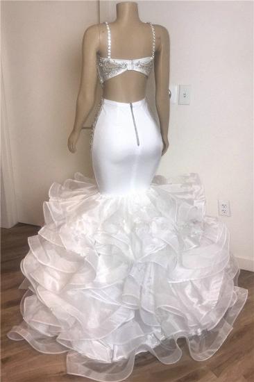 Spaghetti Straps Mermaid Ruffles White Prom Dresses Cheap | Sleeveless Open Back Tiered Tulle Sexy Evening Gowns_2