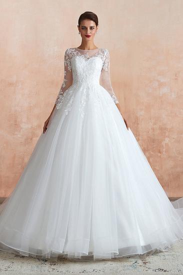 Affordable Lace Jewel White Tulle Wedding Dress with 3/4 Sleeves_3
