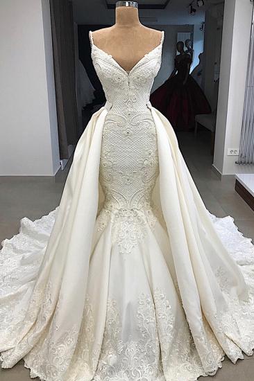 Spaghetti Straps Lace Fit and Flare Wedding Dresses Overskirt |  Appliques Detachable Satin Backless Bridal Gowns_5