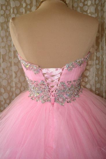 Cute Pink Crystal Organza Mini Homecoming Dresses Lace-Up Sweetheart Fitted Short Dress with Beadings_2