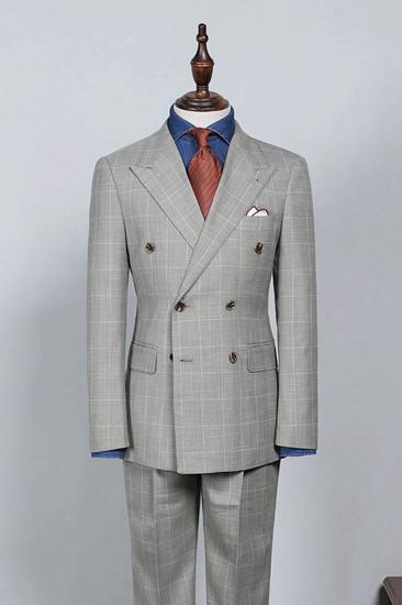 Roy Stylish Grey Plaid Double Breasted Custom Business Suit