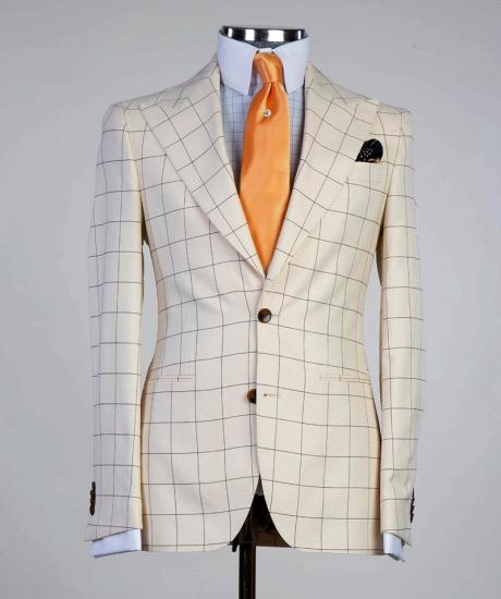 Gabriel Champagne Plaid Stylish Peaked Lapel Slim Fit Men Suits_4