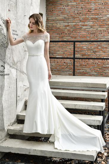 Floral Beaded Cap Sleeve Mermaid  Lace Ivory Wedding Dress with Chapel Train