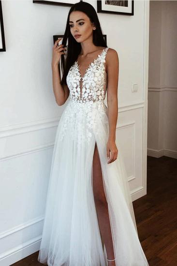 Straps V-neck Appliques A-line Wedding Dresses | Side Split Tulle Bridal Gowns_3