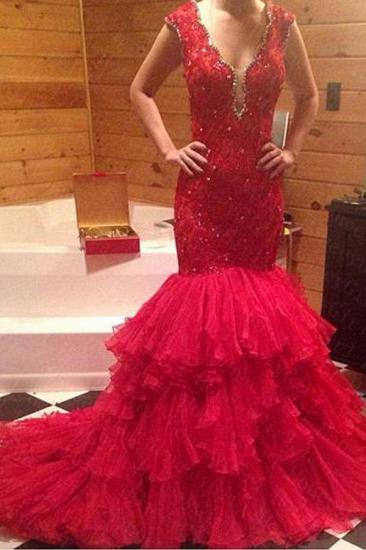 Beadings V-Neck Mermaid Sleeveless Red Tiered Prom Dress_3