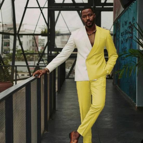John Fashion  Glamorous Yellow Shawl Lapel Double Breasted Prom Suits_2