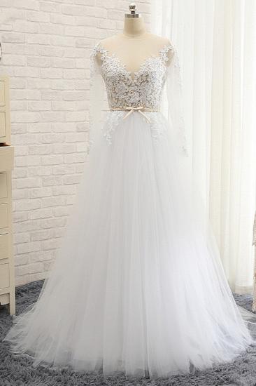Bradyonlinewholesale Affordable White Tulle Ruffles Lace Wedding Dresses Jewel Longsleeves Bridal Gowns With Appliques On Sale_1