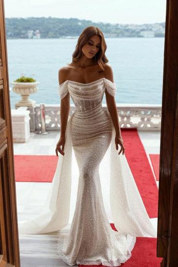Off the shoulder white sequin prom dress with overskirt_1