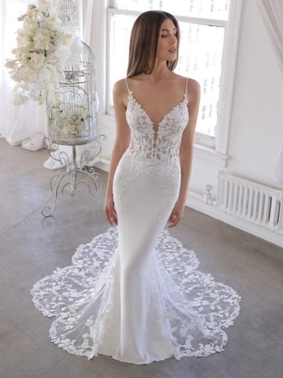 Glamorous Spaghetti Deep V-Neck Mermaid Sleeveless Bridal Gown | Backless Wedding Dress with Lace Appliques_1