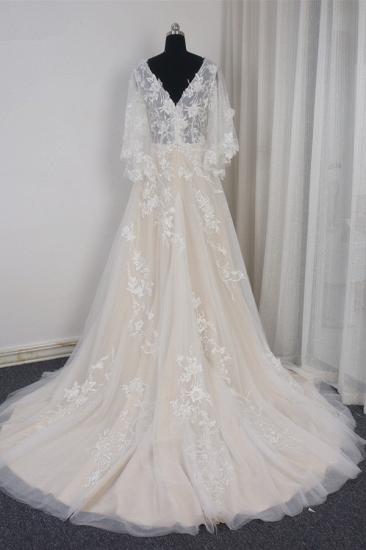 Bradyonlinewholesale Stylish Long Sleeves V-Neck Tulle Wedding Dress A-Line Appliques Ruffles Bridal Gown Online_2