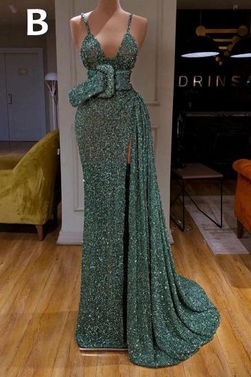 Sparkle dark green high split straps sequin sleeveless long prom dress_2