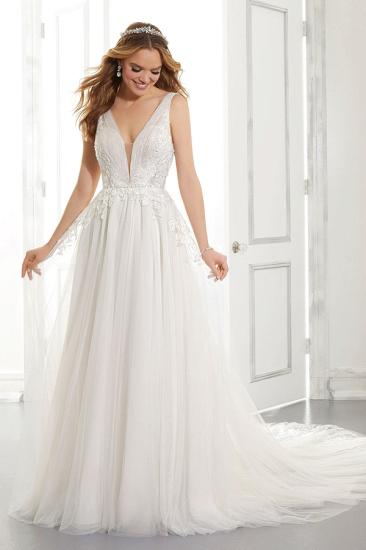White V-Neck Backless Wedding Dress Tulle Lace Appliques Bridal Gowns_4