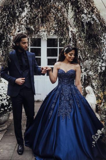 Charming Sweetheart Sleeveless Lace Appliques Navy Blue Wedding Party Gown_5