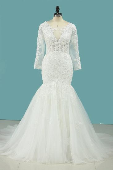 Bradyonlinewholesale Elegant Square Tulle Lace Wedding Dress Mermaid Long Sleeves Appliques Bridal Gowns On Sale_1