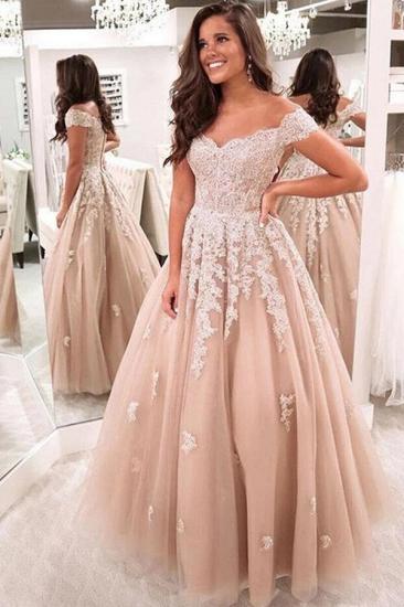 Off Shoulder A-line Wedding Gown with Tulle Lace Appliques_2