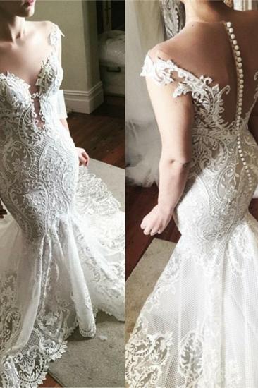 Lace Fit and Flare Wedding Dress | Glamorous Sheer Tulle Bridal Gowns with Buttons_2