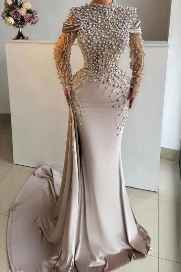 Unique High Neck Beading Long Sleeve Mermaid Prom Dresses