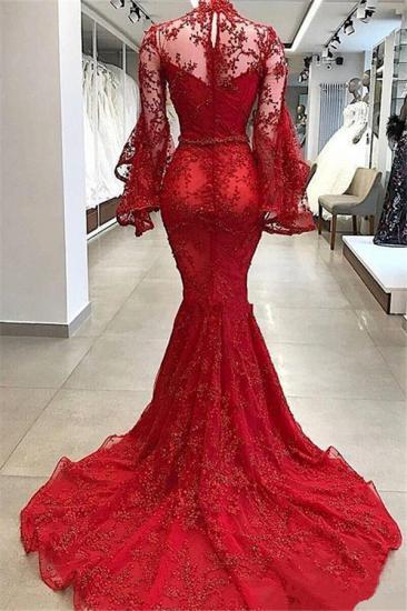 Long Sleeves High Neck Lace Red Evening Dresses | Mermaid Beads Bell Sleeves Prom Dress_2