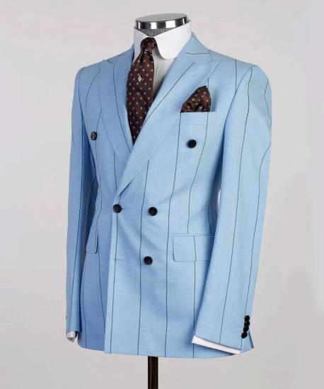 Fashion Blue Striped Slim Point Collar Two-Piece Men's Suit_3
