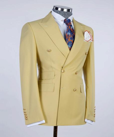 Shiny Yellow Double Breasted Point Collar Men's Ball Suit_3