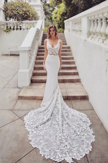 Gorgeous Train Sleeveless V-neck Lace mermaid wedding dresses_2