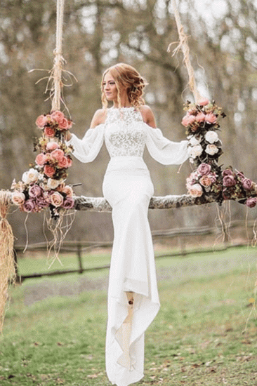 Elegant Lace Long-Sleeves Mermaid Chiffon Wedding Dress_2